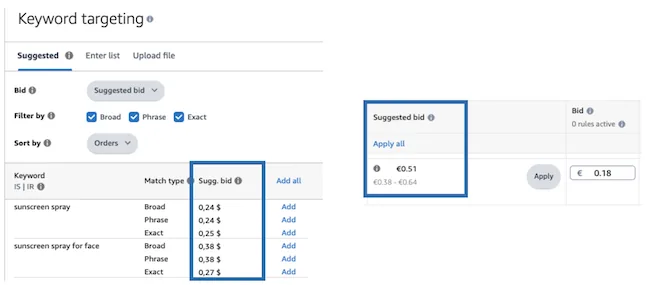 screenshot of suggested bids