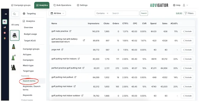 advigator search term report