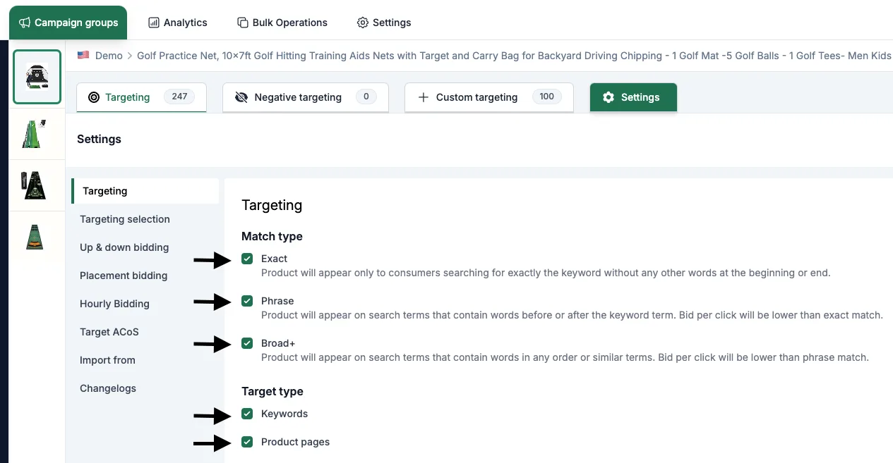 Targeting settings