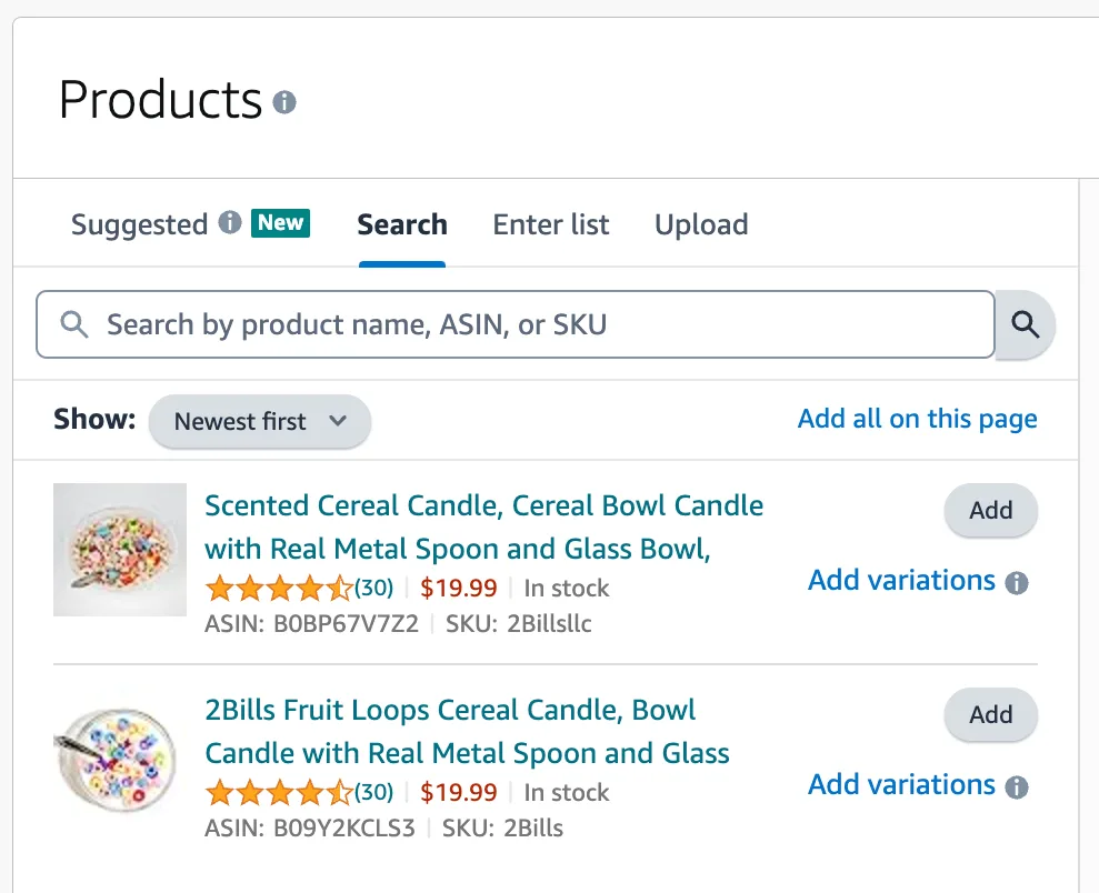 Amazon Ads console product list